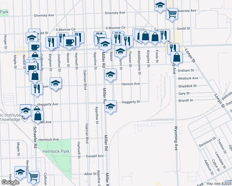 map of restaurants, bars, coffee shops, grocery stores, and more near 6509 Manor in Dearborn