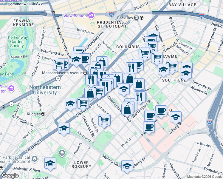 map of restaurants, bars, coffee shops, grocery stores, and more near in Boston
