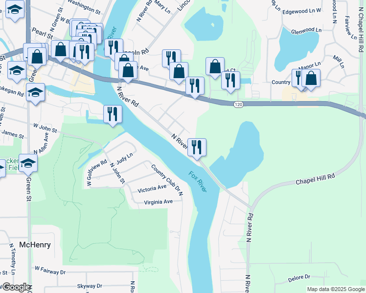 map of restaurants, bars, coffee shops, grocery stores, and more near 819 North River Road in McHenry