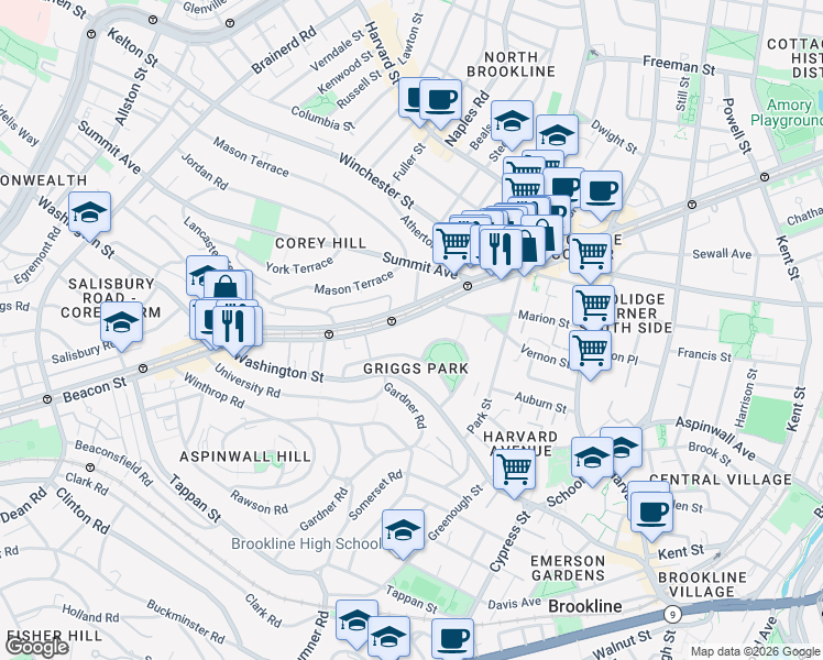map of restaurants, bars, coffee shops, grocery stores, and more near 1471 Beacon Street in Brookline