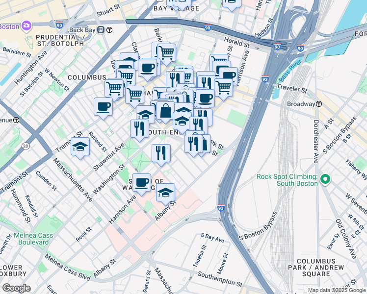 map of restaurants, bars, coffee shops, grocery stores, and more near 640 Harrison Avenue in Boston