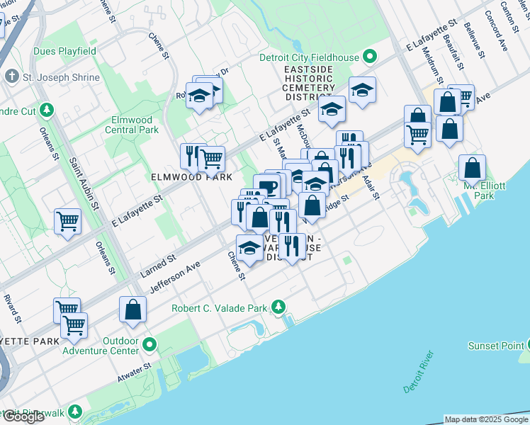 map of restaurants, bars, coffee shops, grocery stores, and more near 2761 East Jefferson in Detroit