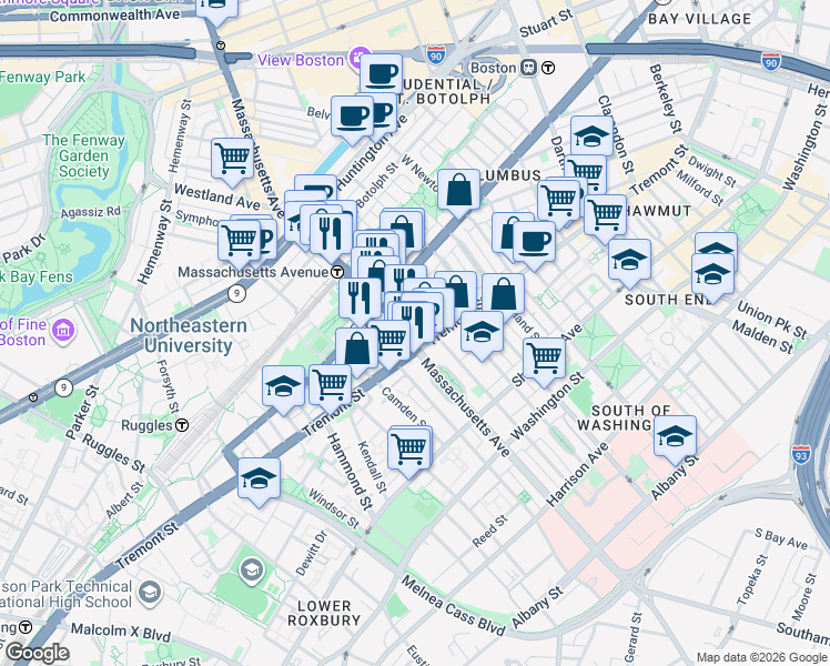 map of restaurants, bars, coffee shops, grocery stores, and more near 212 West Springfield Street in Boston