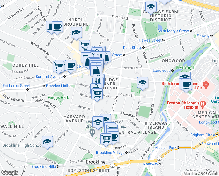 map of restaurants, bars, coffee shops, grocery stores, and more near 28 Littell Road in Brookline