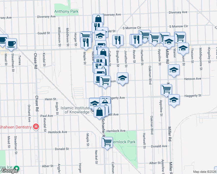 map of restaurants, bars, coffee shops, grocery stores, and more near 6800 Calhoun Street in Dearborn