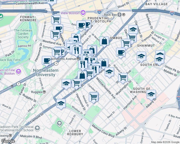 map of restaurants, bars, coffee shops, grocery stores, and more near in Boston