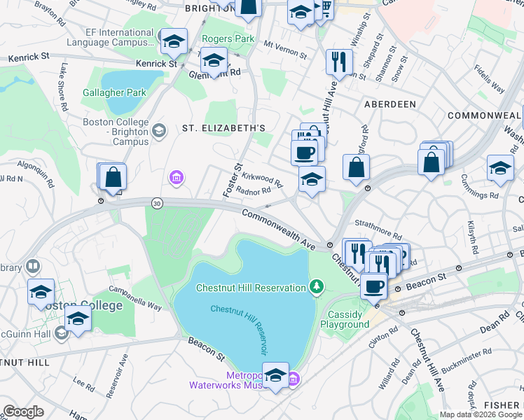 map of restaurants, bars, coffee shops, grocery stores, and more near 49 Radnor Road in Boston