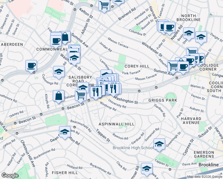 map of restaurants, bars, coffee shops, grocery stores, and more near 25 Westbourne Terrace in Brookline