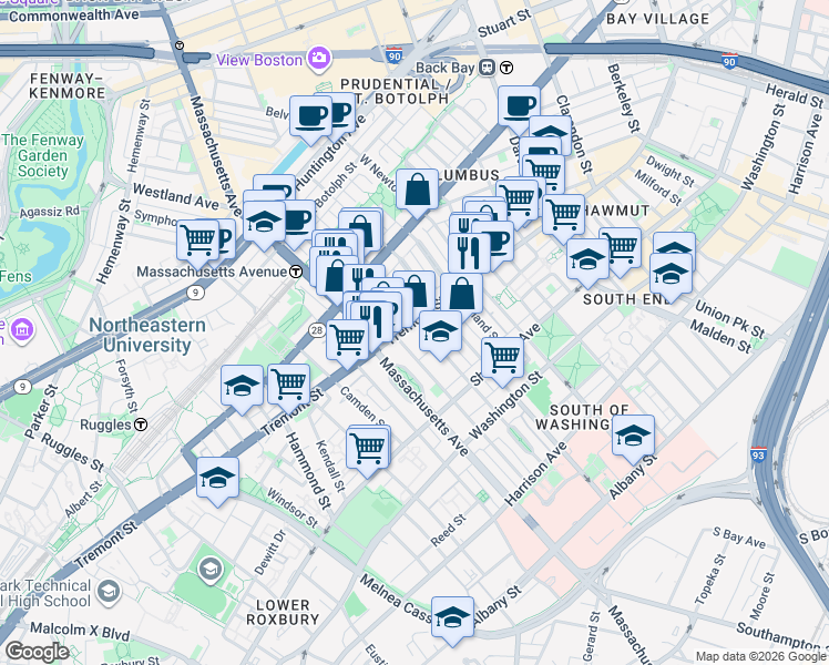 map of restaurants, bars, coffee shops, grocery stores, and more near 4 Concord Place in Boston
