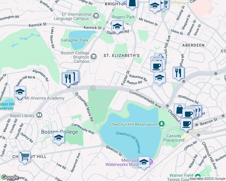 map of restaurants, bars, coffee shops, grocery stores, and more near 5 Greycliff Road in Boston