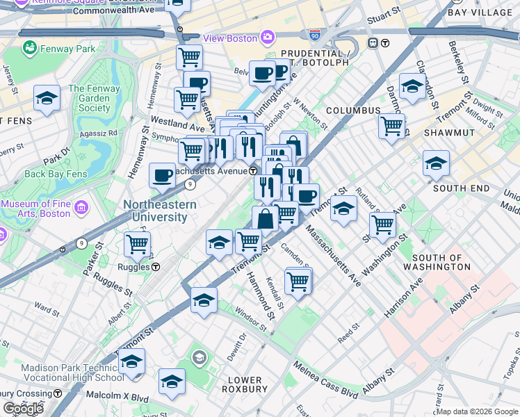 map of restaurants, bars, coffee shops, grocery stores, and more near 621 Columbus Avenue in Boston