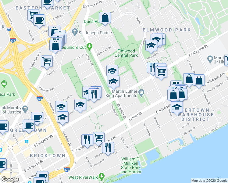 map of restaurants, bars, coffee shops, grocery stores, and more near 1100 St Aubin St in Detroit