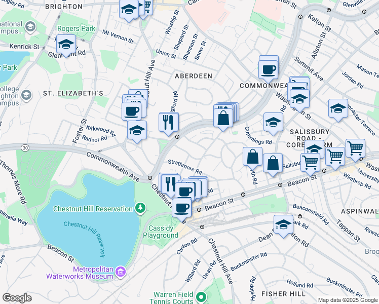 map of restaurants, bars, coffee shops, grocery stores, and more near 69 Chiswick Road in Boston