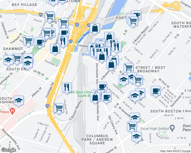 map of restaurants, bars, coffee shops, grocery stores, and more near 275 Dorchester Avenue in Boston