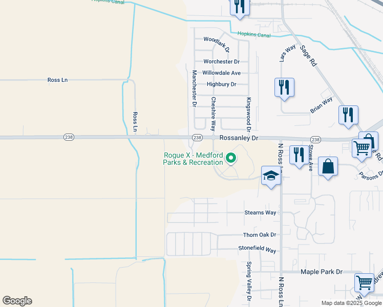 map of restaurants, bars, coffee shops, grocery stores, and more near 1098 Rossanley Drive in Medford