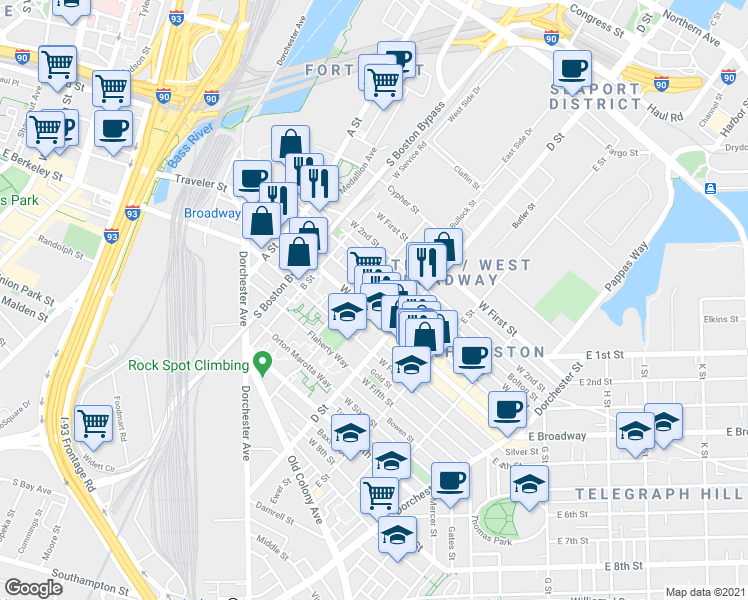 map of restaurants, bars, coffee shops, grocery stores, and more near 166 Athens Street in Boston