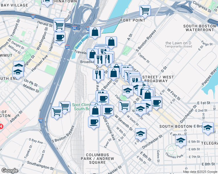 map of restaurants, bars, coffee shops, grocery stores, and more near 172 West Fourth Street in Boston