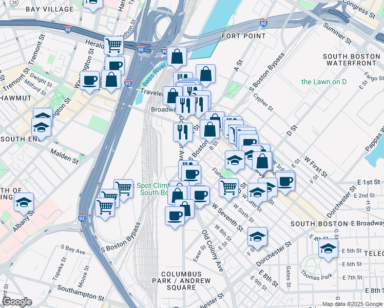 map of restaurants, bars, coffee shops, grocery stores, and more near 10 West Fifth Street in Boston