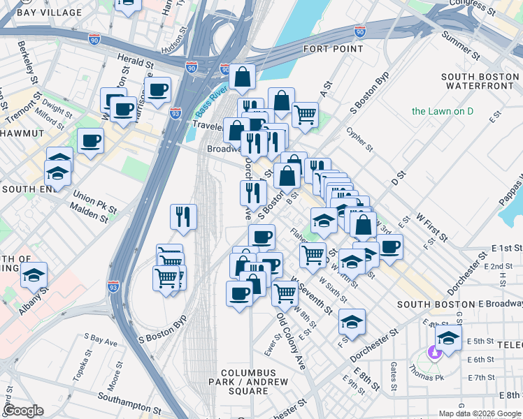 map of restaurants, bars, coffee shops, grocery stores, and more near 10 West Fifth Street in Boston
