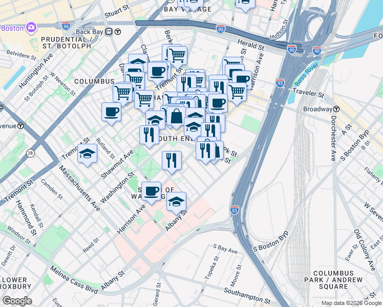 map of restaurants, bars, coffee shops, grocery stores, and more near 75 Union Park Street in Boston