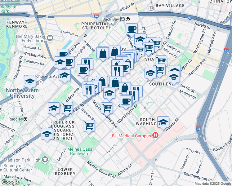 map of restaurants, bars, coffee shops, grocery stores, and more near 708 Tremont Street in Boston