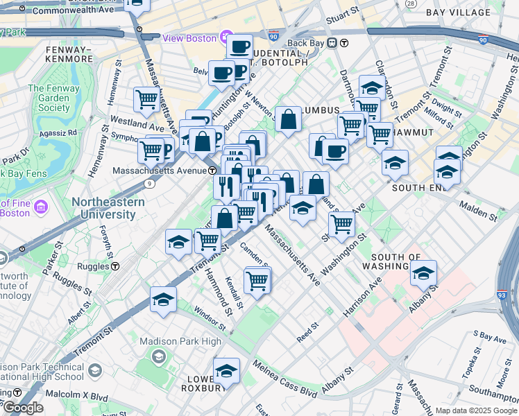 map of restaurants, bars, coffee shops, grocery stores, and more near 212 West Springfield Street in Boston
