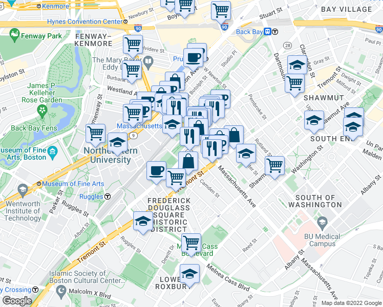 map of restaurants, bars, coffee shops, grocery stores, and more near in Boston