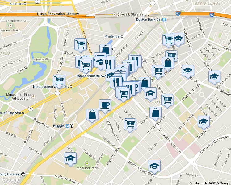 map of restaurants, bars, coffee shops, grocery stores, and more near 586 Columbus Avenue in Boston