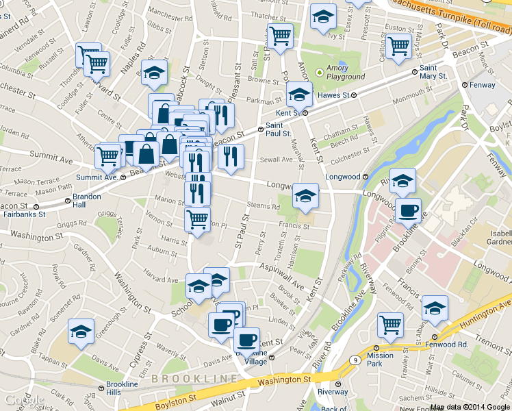 map of restaurants, bars, coffee shops, grocery stores, and more near 118 Saint Paul Street in Brookline