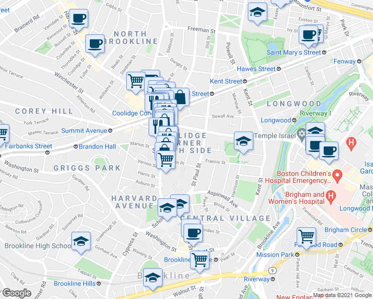 map of restaurants, bars, coffee shops, grocery stores, and more near 20 Stearns Road in Brookline