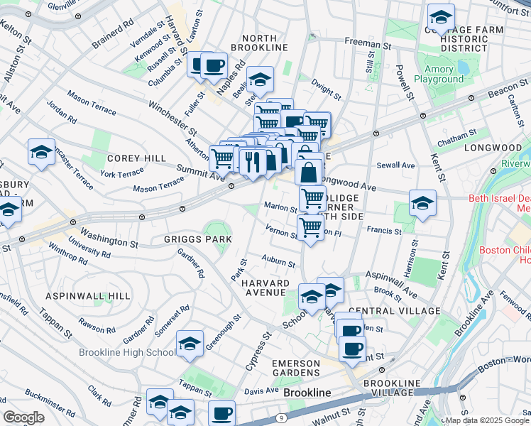 map of restaurants, bars, coffee shops, grocery stores, and more near in Brookline