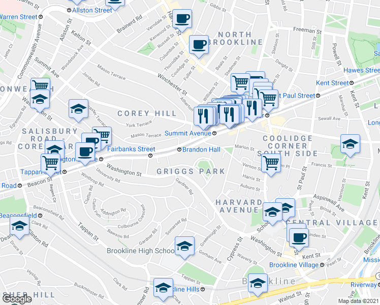 map of restaurants, bars, coffee shops, grocery stores, and more near 1476 Beacon Street in Brookline