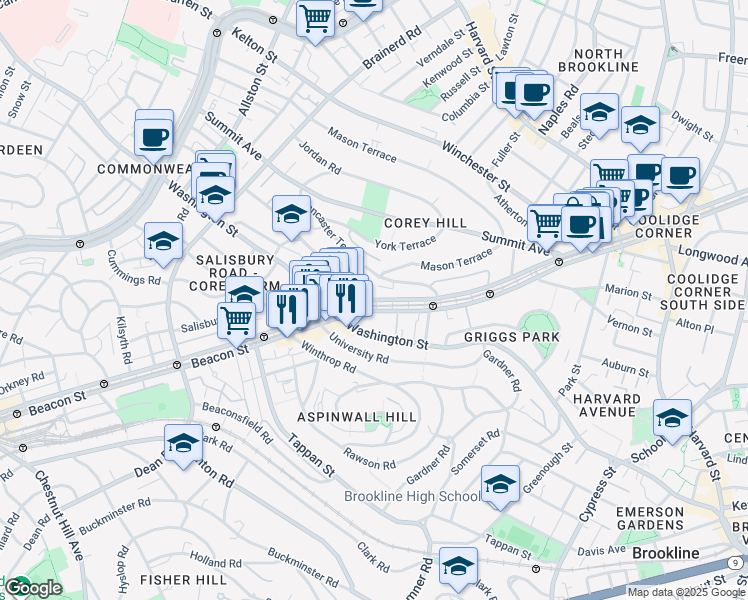 map of restaurants, bars, coffee shops, grocery stores, and more near 5 Mason Terrace in Brookline