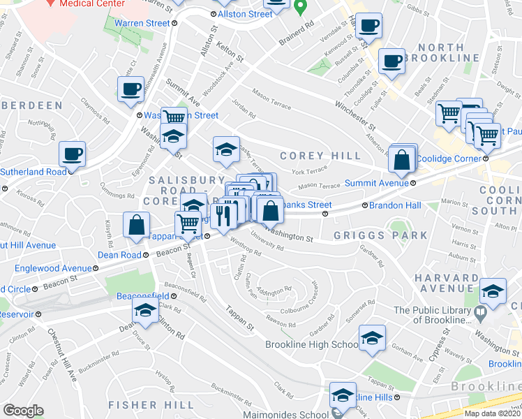 map of restaurants, bars, coffee shops, grocery stores, and more near 25 Westbourne Terrace in Brookline