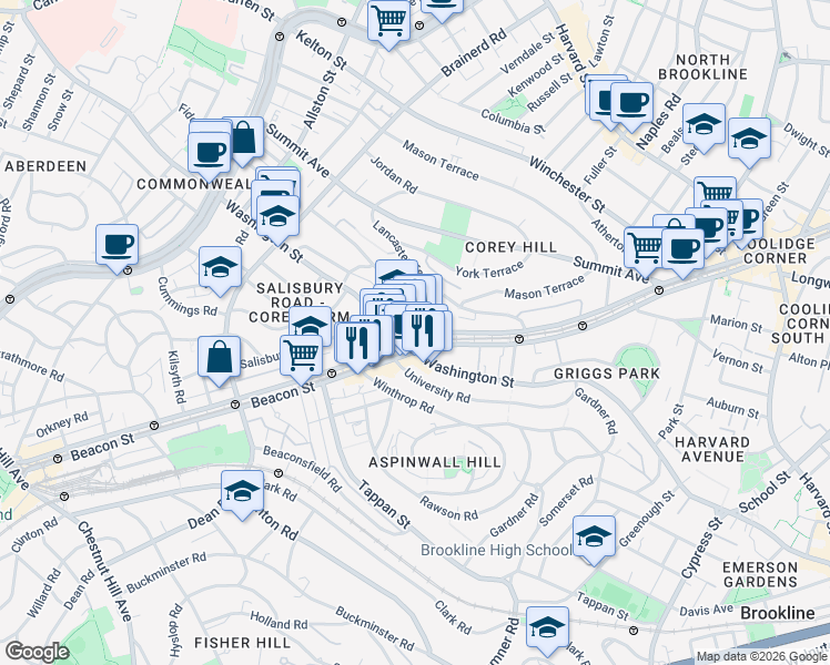 map of restaurants, bars, coffee shops, grocery stores, and more near 25 Westbourne Terrace in Brookline