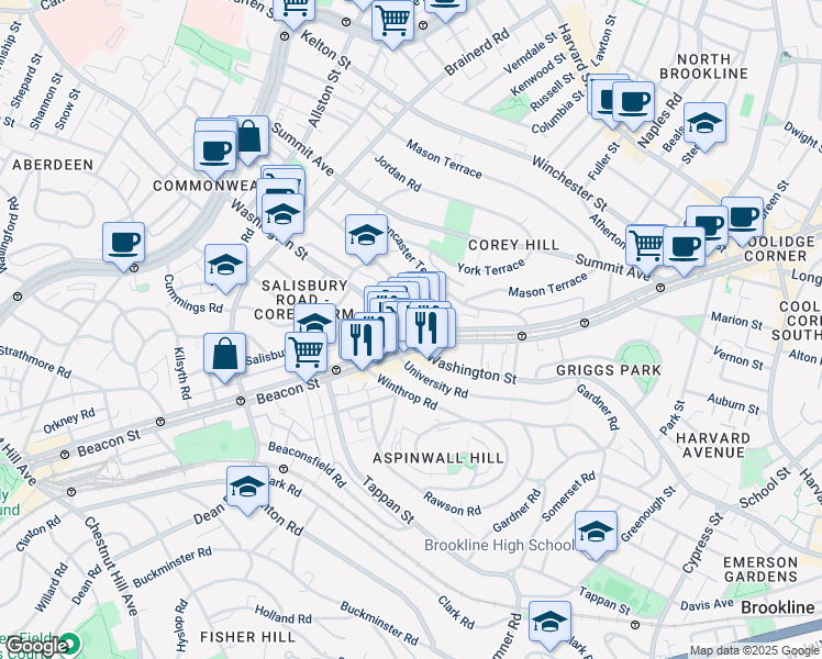 map of restaurants, bars, coffee shops, grocery stores, and more near 50 Westbourne Terrace in Brookline