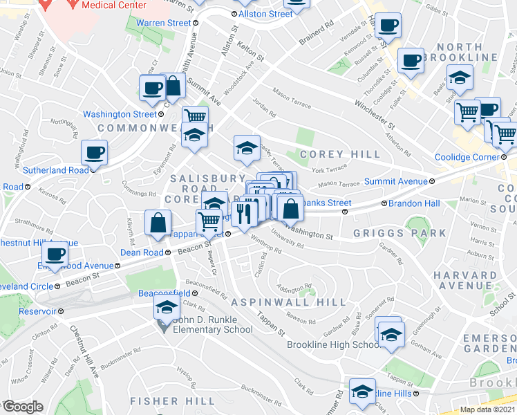 map of restaurants, bars, coffee shops, grocery stores, and more near 50 Westbourne Terrace in Brookline