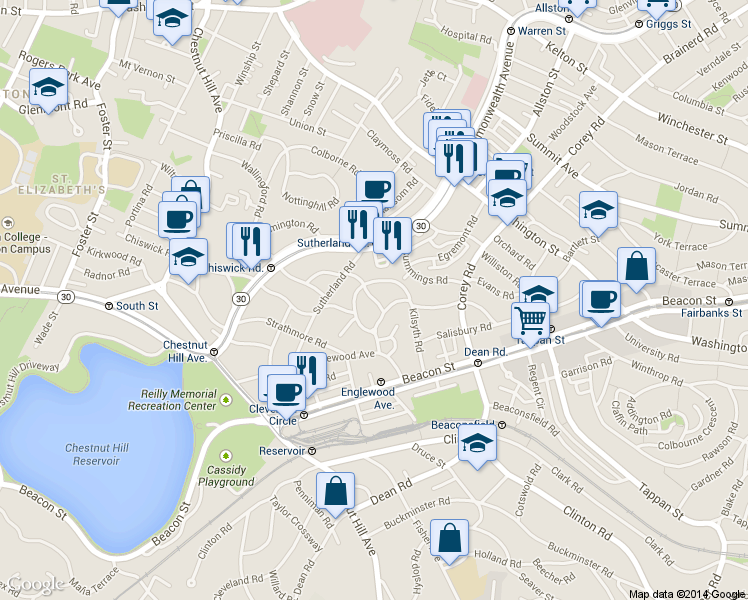 map of restaurants, bars, coffee shops, grocery stores, and more near 113 Kilsyth Road in Boston