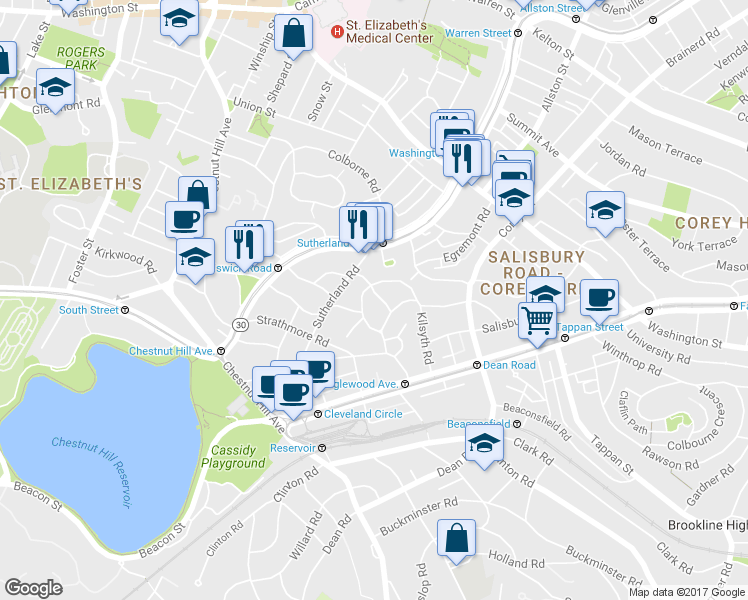 map of restaurants, bars, coffee shops, grocery stores, and more near 113 Kilsyth Road in Boston
