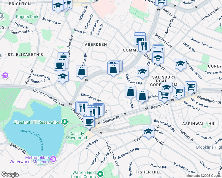 map of restaurants, bars, coffee shops, grocery stores, and more near 98 Lanark Road in Boston