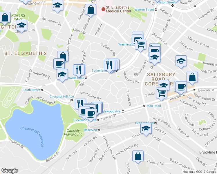 map of restaurants, bars, coffee shops, grocery stores, and more near 98 Lanark Road in Boston