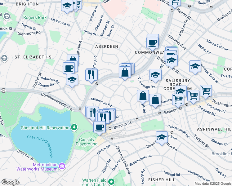 map of restaurants, bars, coffee shops, grocery stores, and more near 98 Lanark Road in Boston