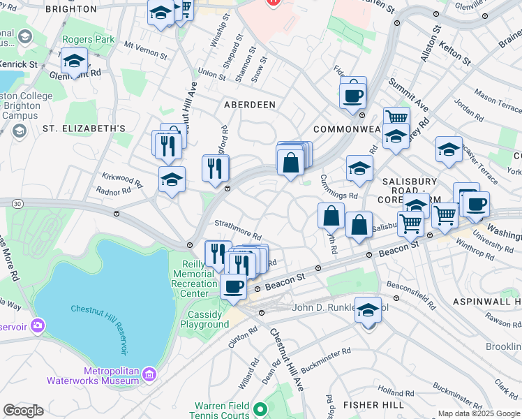 map of restaurants, bars, coffee shops, grocery stores, and more near 8 Kinross Road in Boston