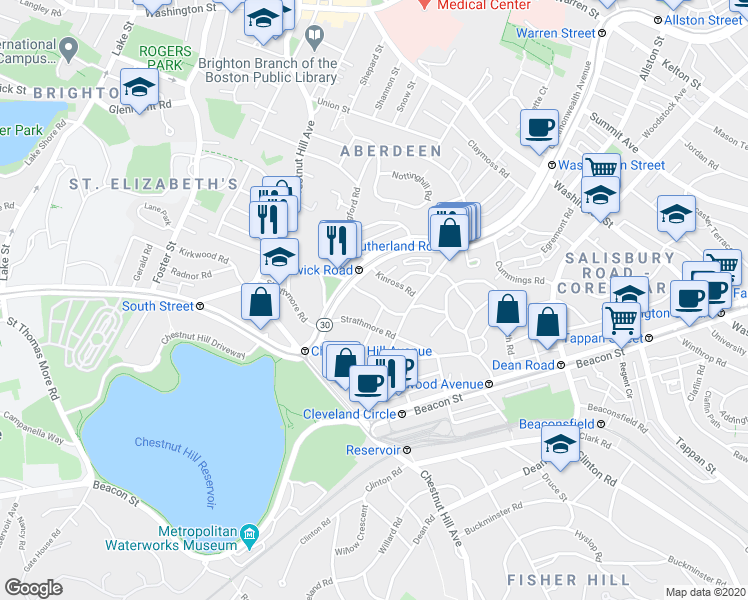 map of restaurants, bars, coffee shops, grocery stores, and more near 72 Chiswick Road in Boston