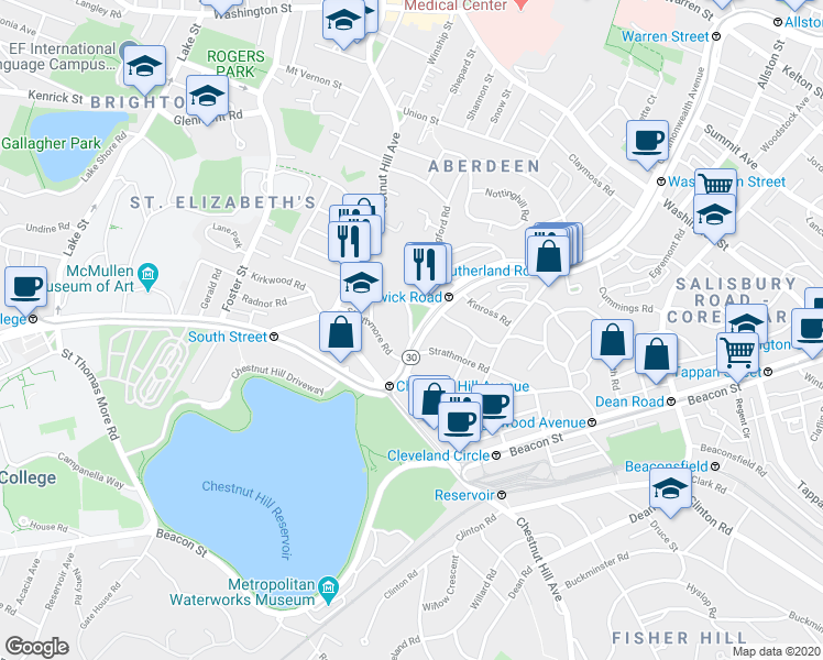 map of restaurants, bars, coffee shops, grocery stores, and more near 1825 Commonwealth Avenue in Boston