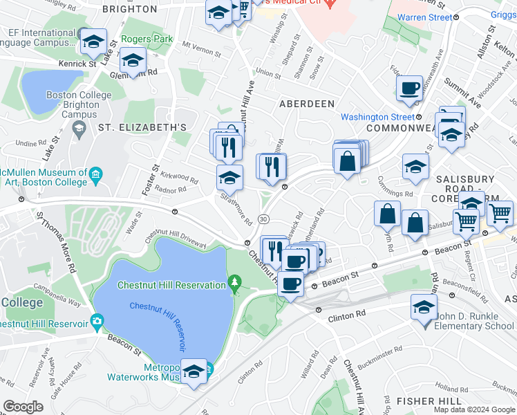 map of restaurants, bars, coffee shops, grocery stores, and more near 32 Sidlaw Road in Boston