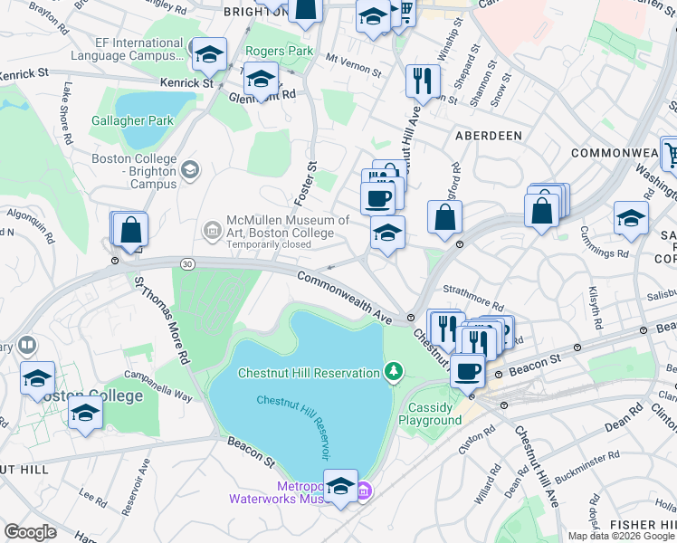 map of restaurants, bars, coffee shops, grocery stores, and more near 49 Radnor Road in Boston