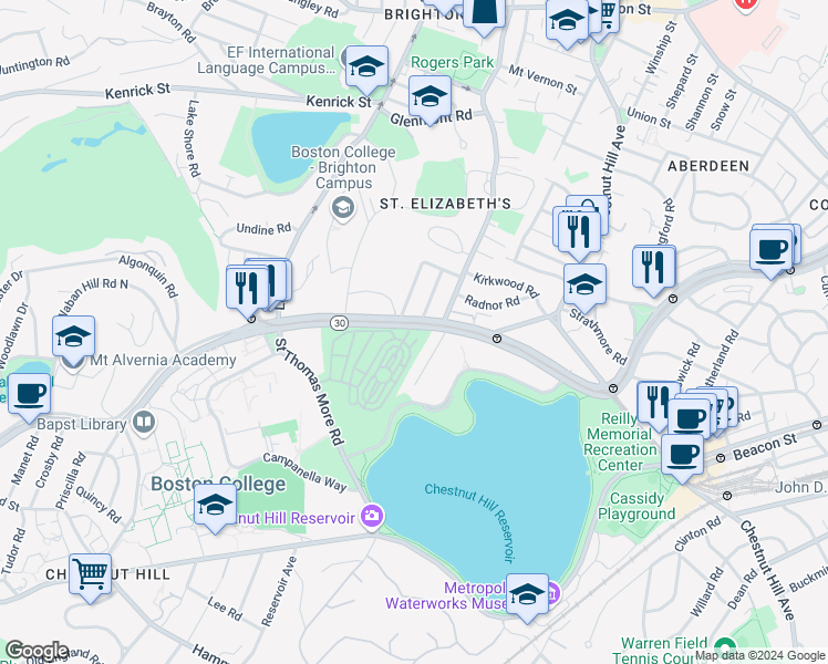 map of restaurants, bars, coffee shops, grocery stores, and more near 5 Greycliff Road in Boston
