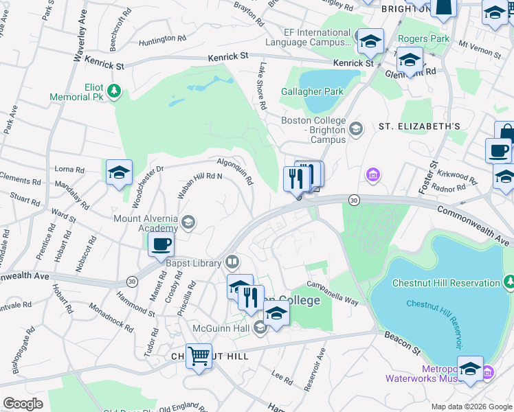 map of restaurants, bars, coffee shops, grocery stores, and more near 33 Waban Hill Road North in Newton