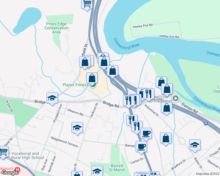 map of restaurants, bars, coffee shops, grocery stores, and more near 69 Pine Brook Curve in Northampton